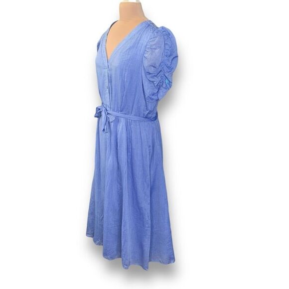 DKNY Dress Blue Chambray Front Button Vneck Short Puff Sleeve Midi Size 16 - Picture 4 of 10